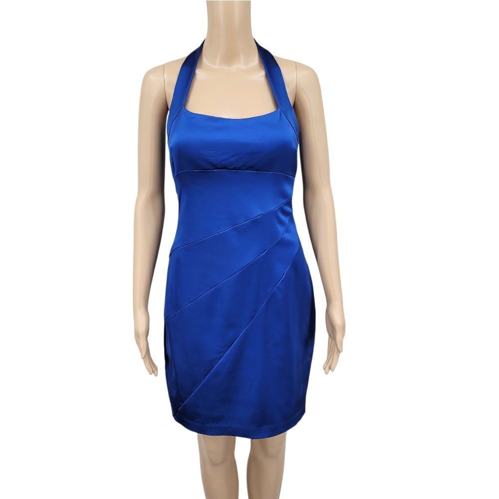 Cache Y2K Elegant Blue Satin Bodycon Halter Dress